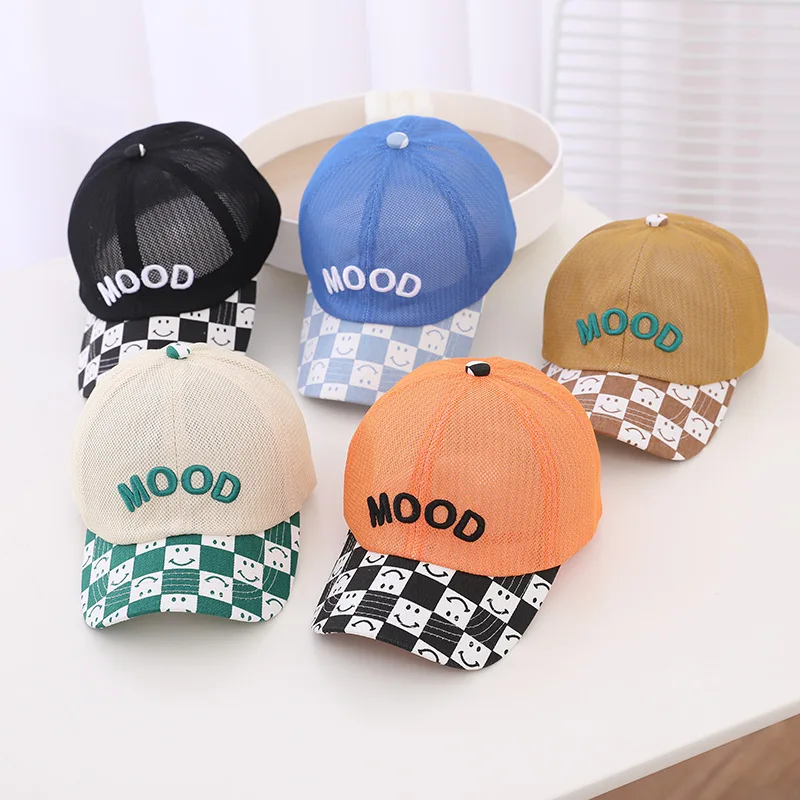 

Летние Детские шапки, дышащие сетчатые бейсболки, Мультяшные улыбки, клетчатые бейсболки для детей, для мальчиков и девочек, детская Солнце...