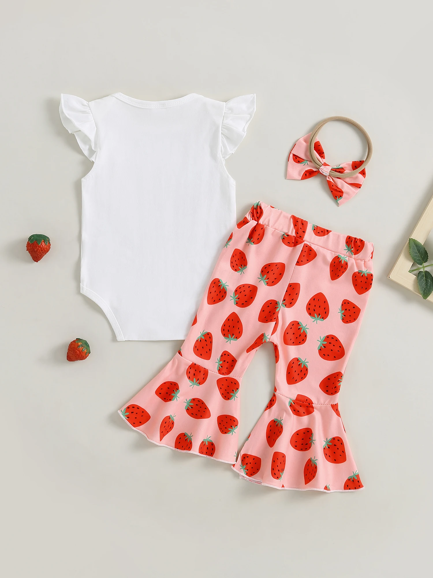 

Gueuusu Baby Girl First Birthday Outfit One Sweet Girl Romper Strawberry Flare Pants with Headband Set Cake Smash Outfit (White