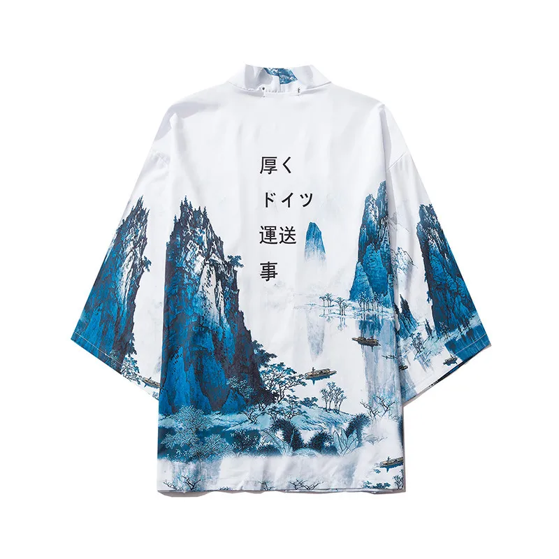 

Women Man Fashion Casual Streetwear Jacket Japanese White Landscape Print Kimono Summer Loose Cardigan Samurai Cosplay Yukata