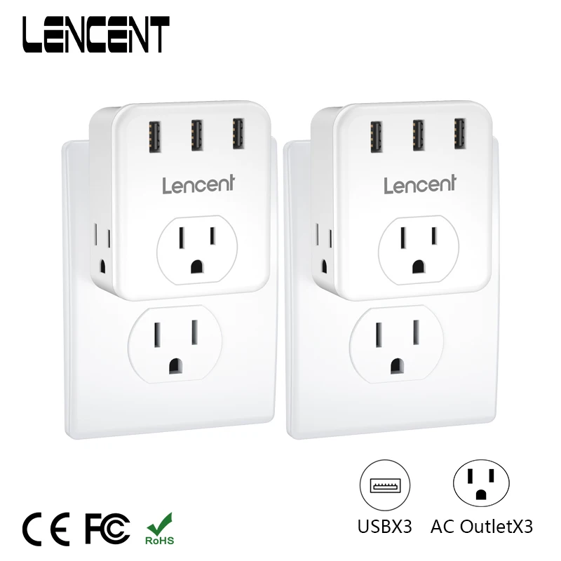 LENCENT 2 Pack US Multi Plug Outlet Extender with 3 Outlets 3 USB Ports  3-Side Widely Spaced Wall Charger for Home Office