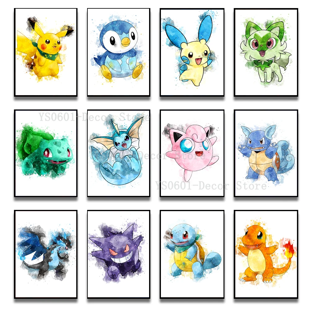 

Watercolor Pokemon Character Posters Japanese Anime Pikachu Charizard Canvas Painting Kids Room Decor Bedroom Decor Home Decor