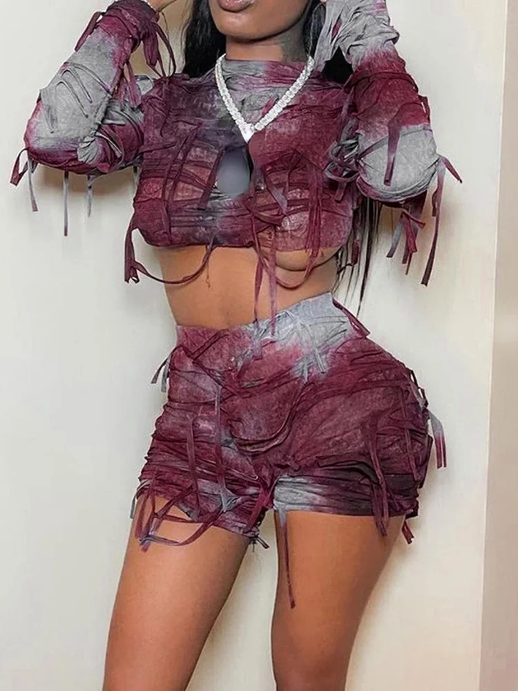 

Женский комплект из 2 предметов, пикантный осенний укороченный Топ с длинным рукавом, шорты с высокой талией, уличная одежда для ночного клу...
