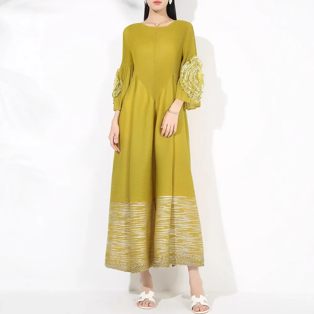 Женское плиссированное платье миаке Длинное свободное эластичное с круглым