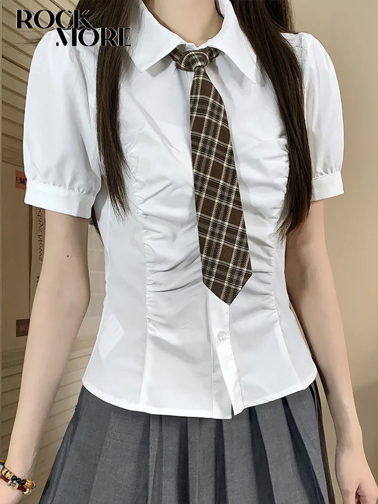 

Rockmoer White Blouse With Necktie Preppy Style Women Tunics Shirts Korean JK Uniform Tops Y2K Casaul Long Sleeve School Shirt