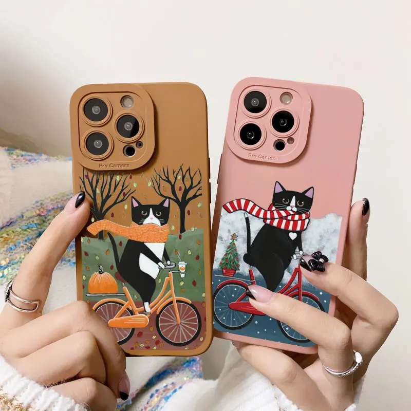 

Funny Cartoon Cat Riding A Bicycle Phone Case For iPhone 11 XR XS X 12 Pro Max 13 8 7 SE2 14 Plus Cute Animal Pattern Soft Cover