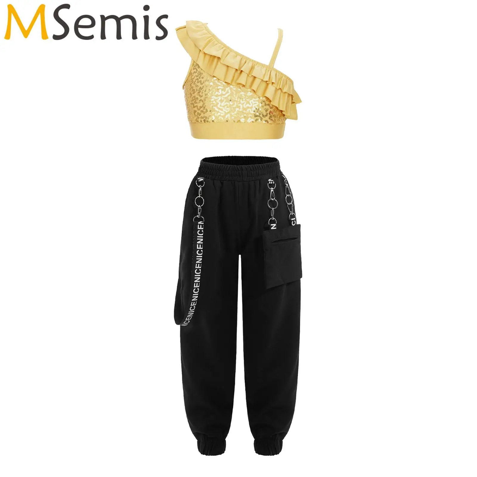 

Детский костюм для джазовых танцев для девочек, тренировочная уличная одежда в стиле хип-хоп, короткий топ с блестками и оборками и брюки с карманами на цепочке