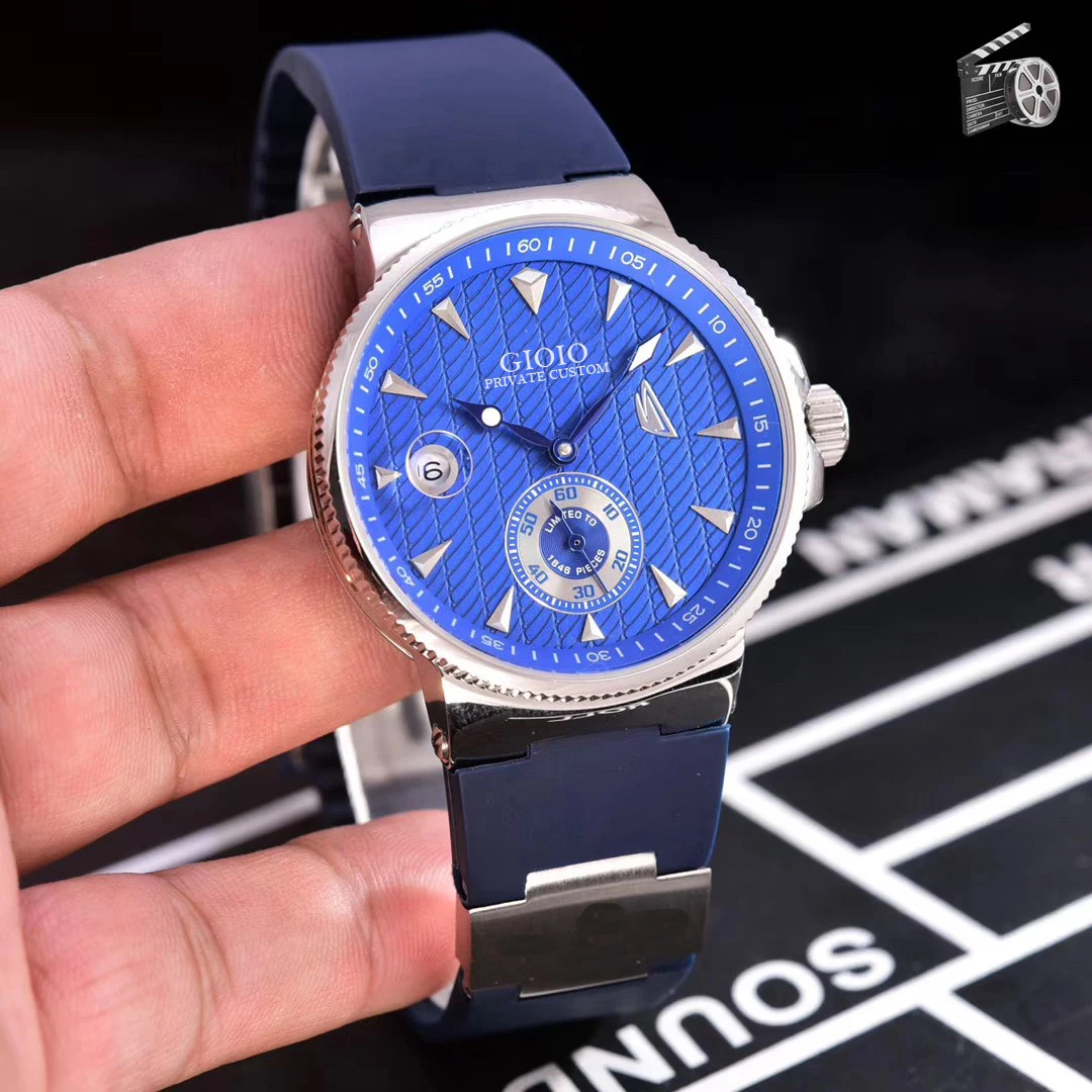 

men automatic mechanical watch black blue rubber calendar