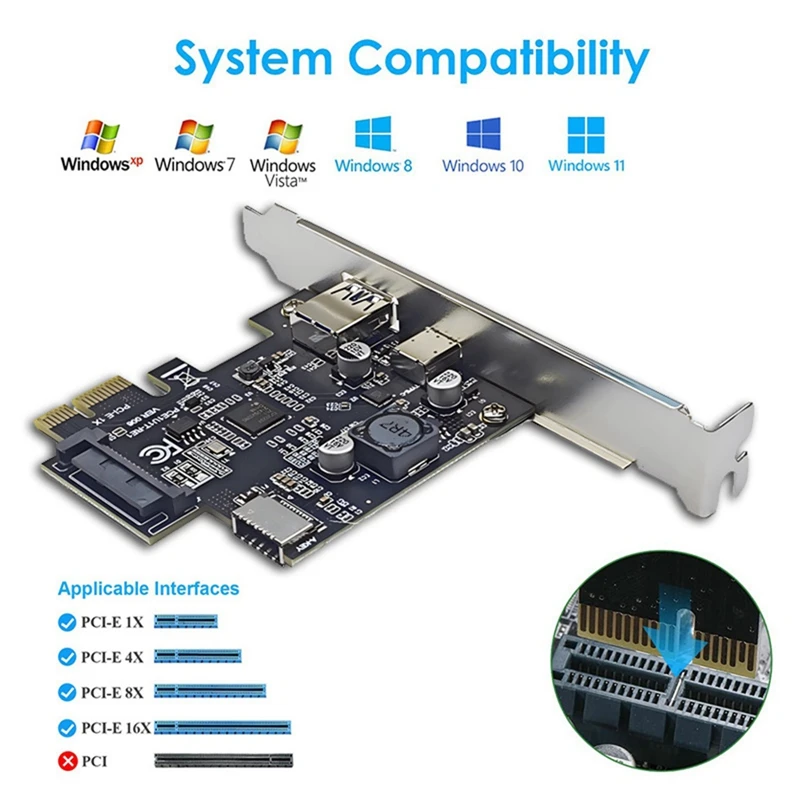 Фото Новый! !PCI-E 1X к USB3.2 GEN1 USB-A+Type-C+TYPE-E Передняя карта адаптера Pcie к Type-C Type-E USB3.2 Карта расширения 5 Гбит/с №4