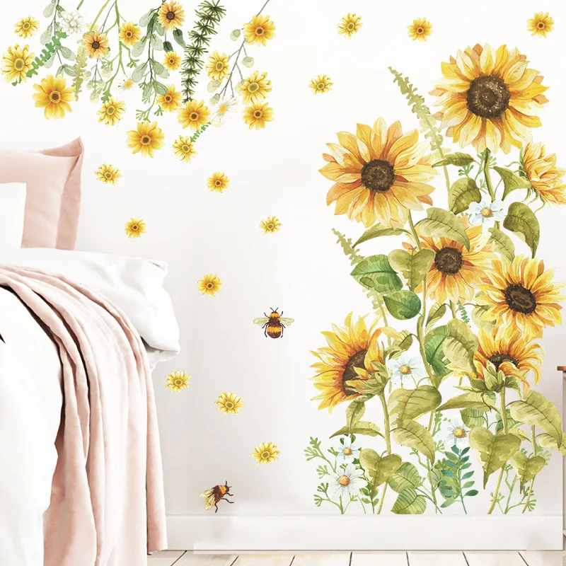 

New Warm Blossom Sunflower Flower Stickers Living Room Bedroom Bedside Wall Beautification Decorative Wall Sticker Self-adhesive