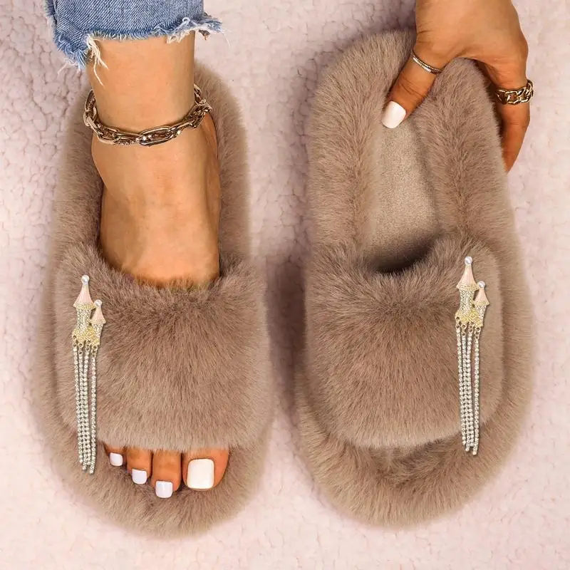 Women's Fluffy Slippers Fairy Dream Castle Tassel Decor Faux Fur Slides Sandals Female Winter Warm Shoes Ladies Soft Slippers