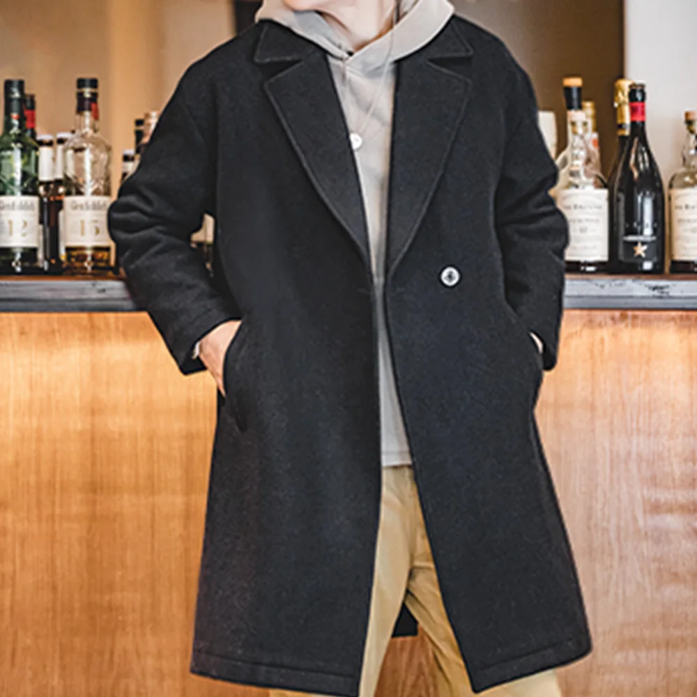 Maden Мужское ретро черное пальто из плотной шерстяной фланели Утепленное