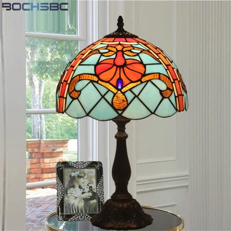 

BOCHSBC tiffany desk light blue orange color stained glass table lamp dia 8 inch handcraft home decor e14 LED lamps classical
