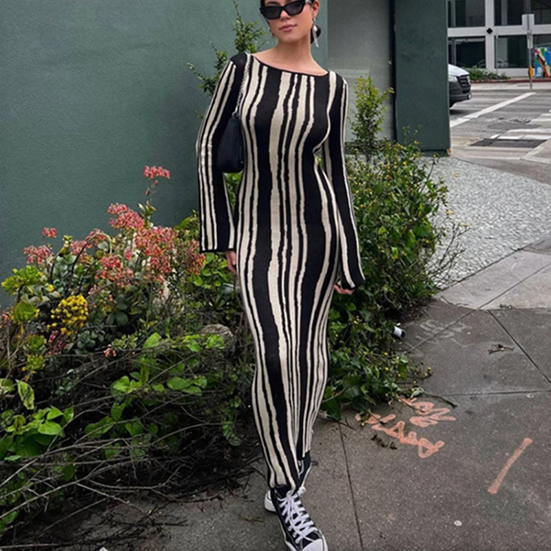

Vintage T Shirt Maxi Dress Women Winter Elegant Long Flare Sleeve Leopard Striped Bodycon Dresses Fashion Female Party Vestidos