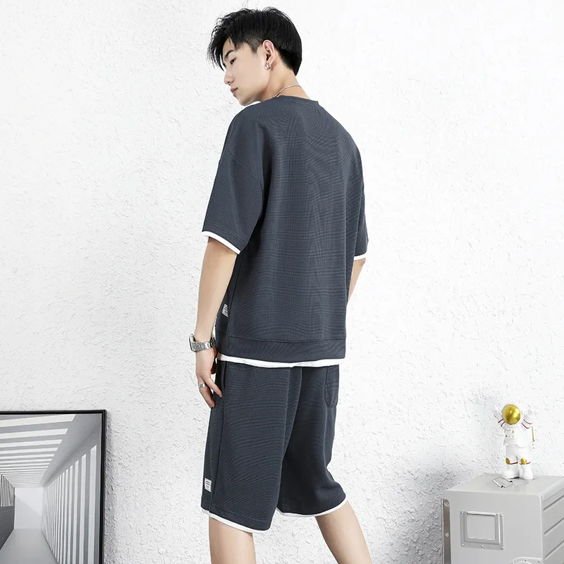 Summer Men Waffle 2 Sets Half Sleeve T-Shirt and Shorts Fashion Casual Sports Suit Fake Two Loose T Shirts High Street Clothes