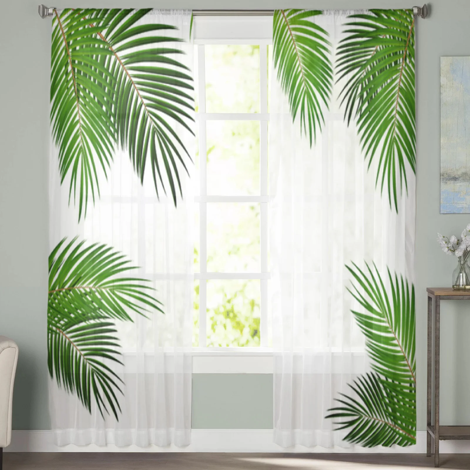 Тропические прозрачные шторы с зелеными растительными листьями для гостиной