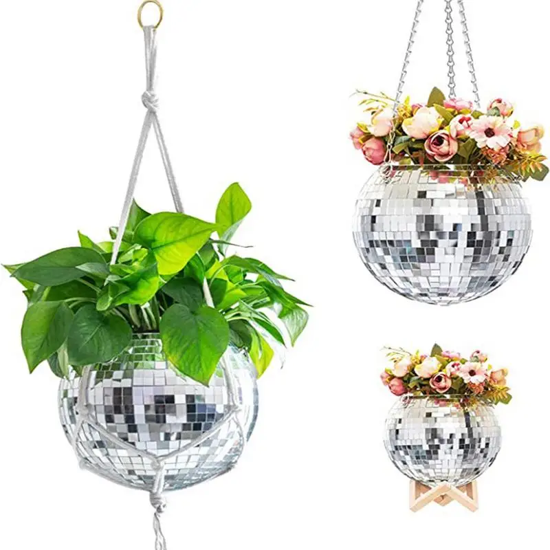 

1PC Disco Ball Planter Globe Shape Hanging Vase Flower Planter Pots Rope Hanging Wall Home Decor Vase Container Room Decoration