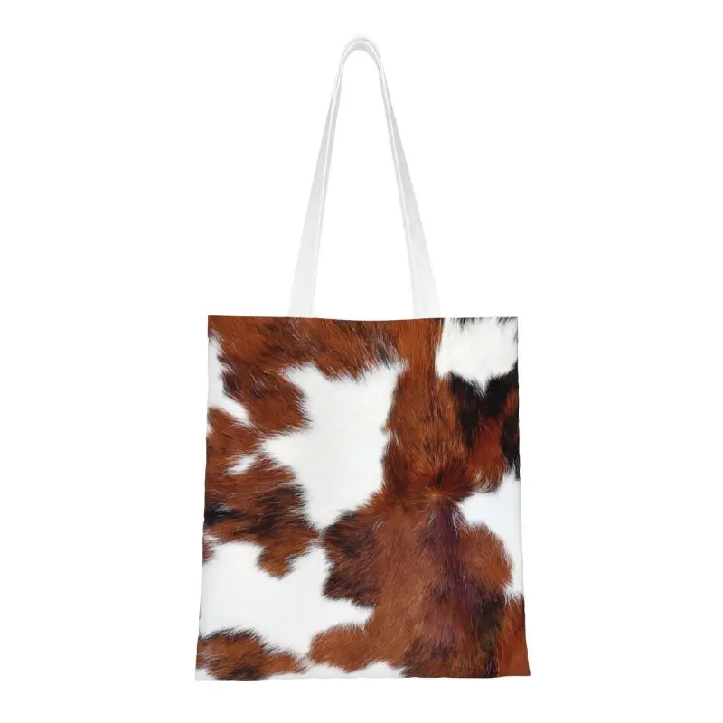 

Spotted Brown Farm Animal Skin Grocery Tote Shopping Bags Cow Fur Cowhide Texture Printing Canvas Shoulder Shopper Bag Handbags
