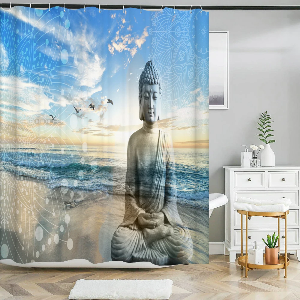 

3D Printed Indian Buddha Shower Curtain Polyester Fabric Plant Floral Waterproof Bathroom Curtains Home Decoration With Hooks