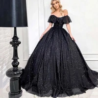 black sparkle tulle ball gown evening dress 2022 off the shoulder prom gowns party gown for women robes de soir%c3%a9e