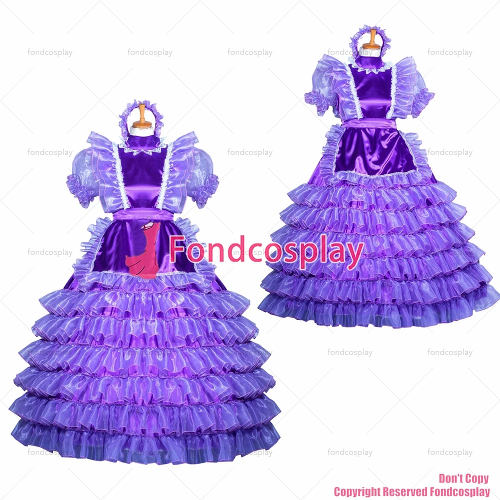

tailor-made sexy adult dressing cross maid sissy long purple satin organza dress lockable tv apron costume tv/cd[g3851]