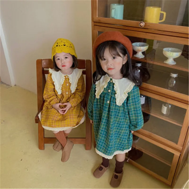 

Детское платье из бутика для девочек, летние хлопковые платья в клетку с отворотом для малышей, модные платья с длинным рукавом, Женская пра...