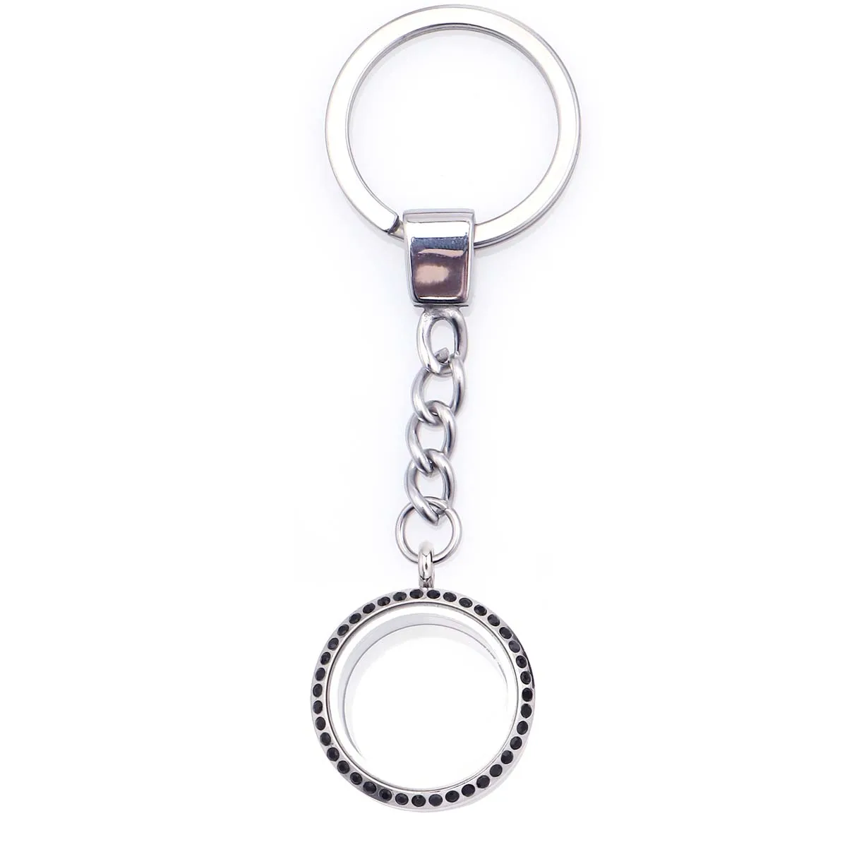 

2Pcs Metal Keychain Charm Accessories 30mm Threaded Stainless Steel Diamond-set Glass Round Photo Box Locket DIY Bag Pendants