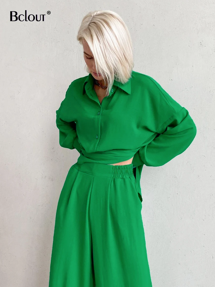 

Bclout Autumn Green Pants 2 Pieces Sets Womens Outfits Fashion Long Sleeve Loose Shirts Elegant Wide Leg Pants Suits Woman 2022