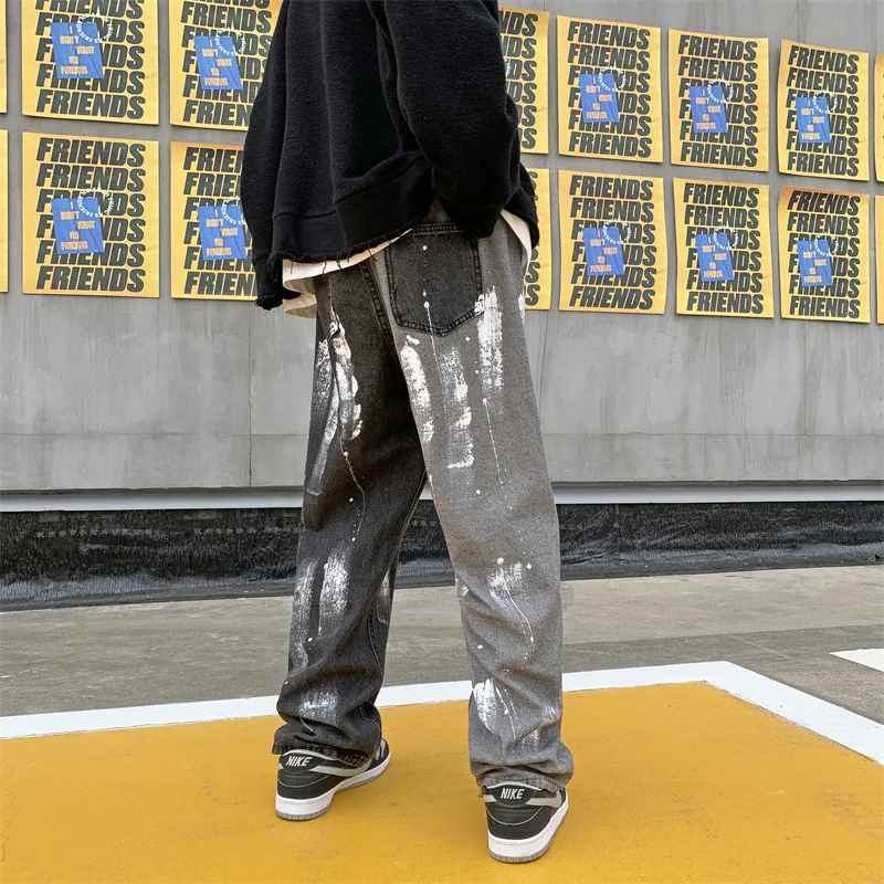 2023 Casual Baggy Jeans Mens Korean Streetwear Fashion Hip Hop Straight Wide Leg Trousers Black Gray