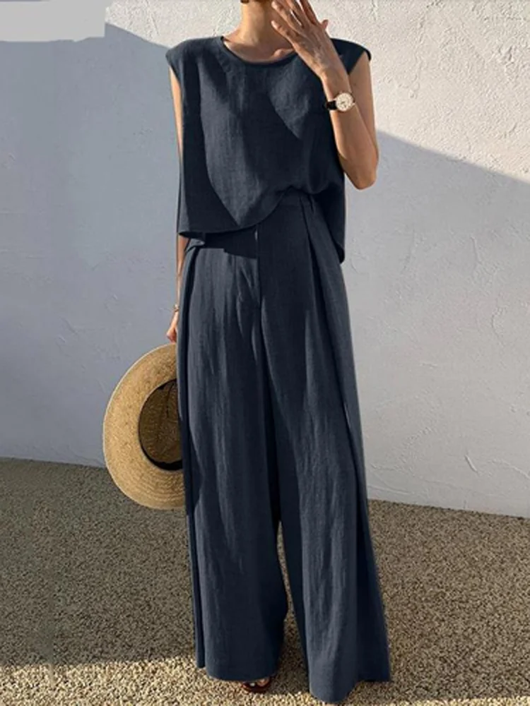 

Summer Fashion O-Neck High Street Two Piece Set Women Commuter Sleeveless Tank Top + Wide Leg Pants Outfits Casual Ladies Suits