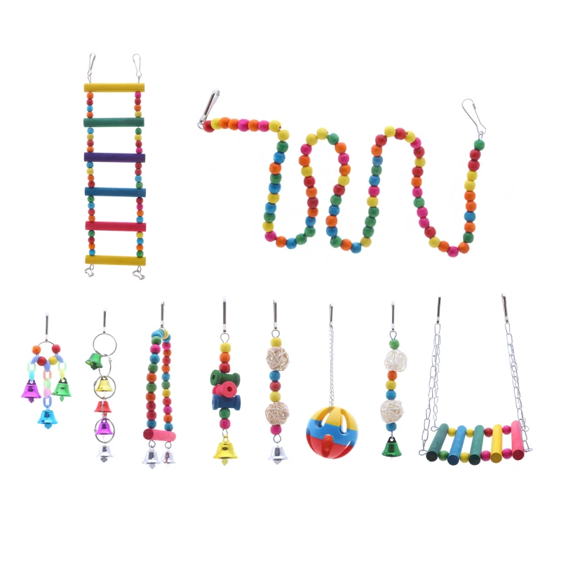 

10 Pcs Bird Cage Toys For Parrots Reliable & Chewable Swing Hanging Chewing Bite Bridge Wooden Beads Ball Bell Bird Toys