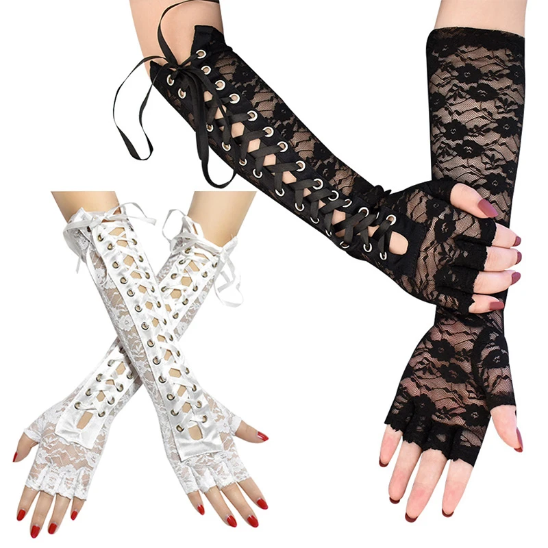 

Sexy Lace Women Long Gloves Lolita Retro Cosplay Fingerless Gloves Arm Elbow Length Ribbon Half-Finger Fishnet Mesh Mittens