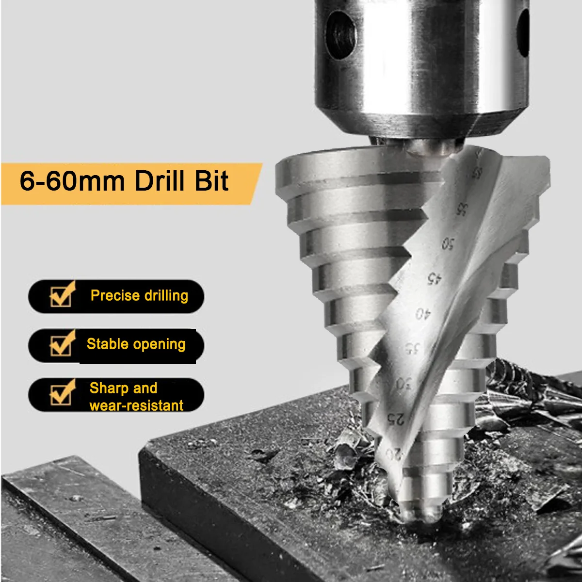 

6-60mm Drill Bit Spiral Groove Step Drill Pagoda Drill Bit Total 12 Sizes Double Spiral Flute for Sheet Metal Plastic Wood