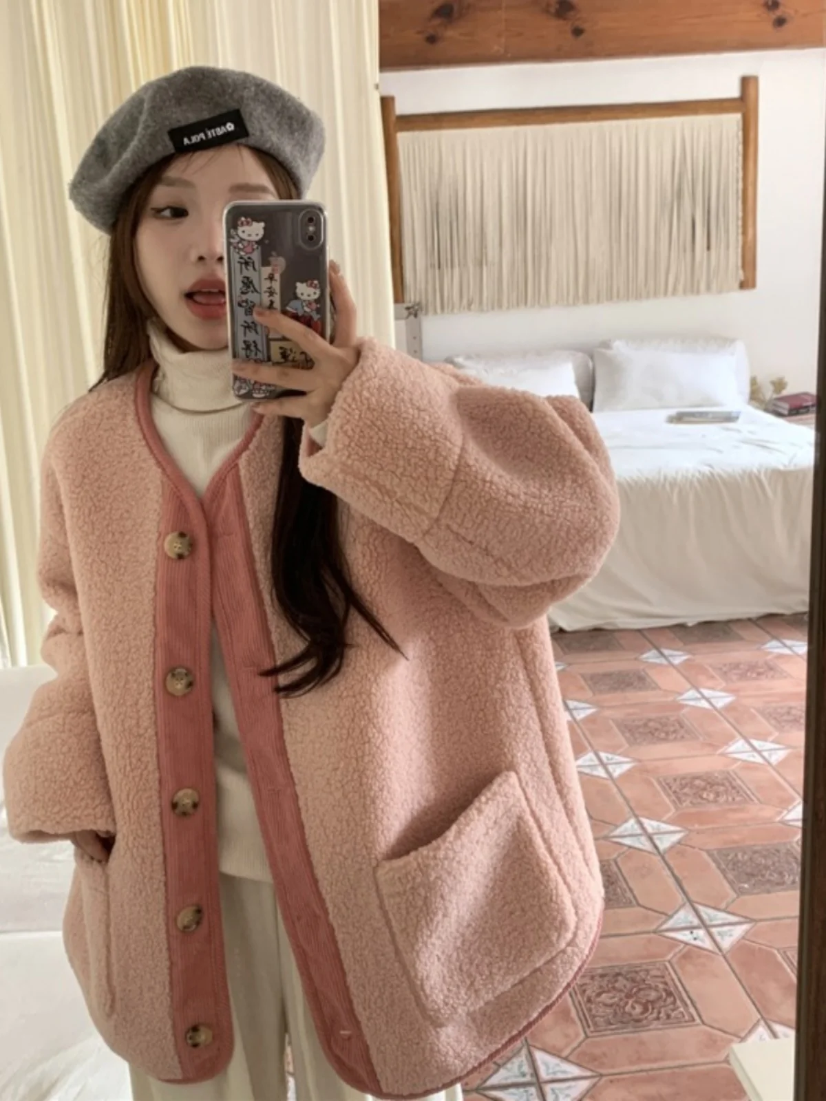 Японская мода Розовая верхняя одежда из овечьей шерсти с v-образным вырезом