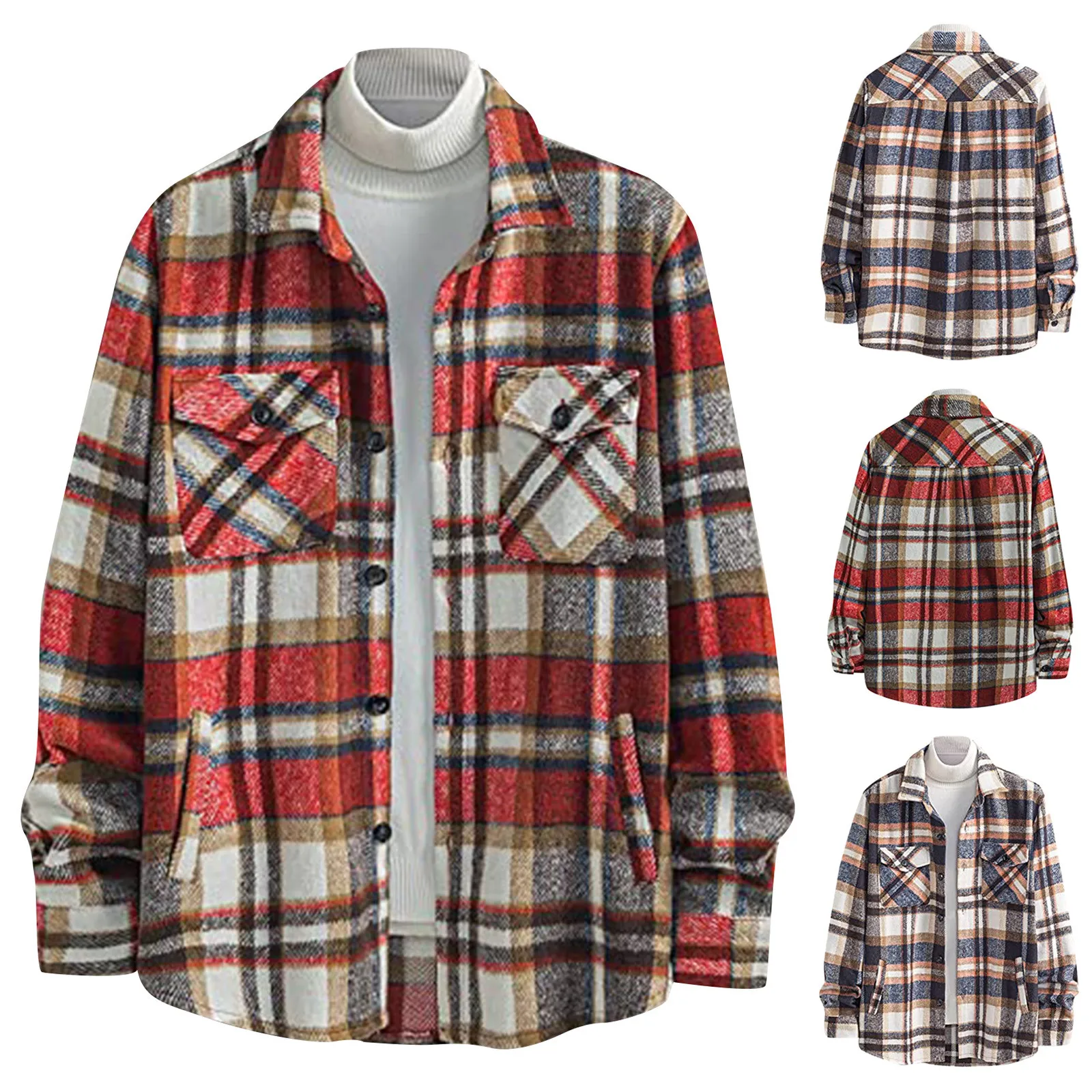 

Swim Shorts Men Men Fashion Casual Fashion Color Matching Light Lapel Sanding Plaid Long Sleeve Shirt Vertical Striped Shirt Men
