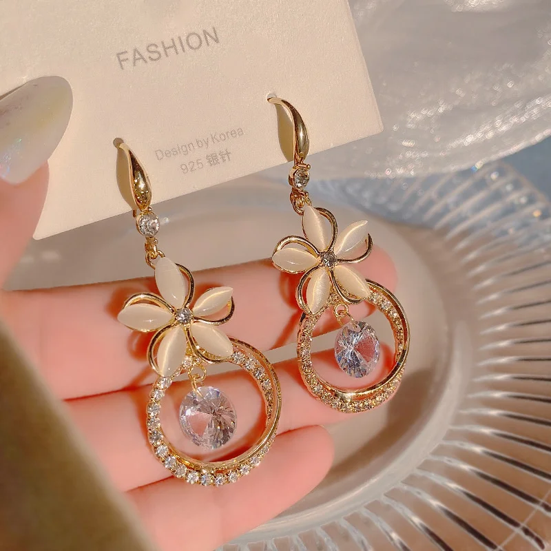 Korean Crystal Zircon Flower Pendant Earrings For Women Boho Decor Opal Heart Dangle Earrings For Birthday Gift Party Jewelry