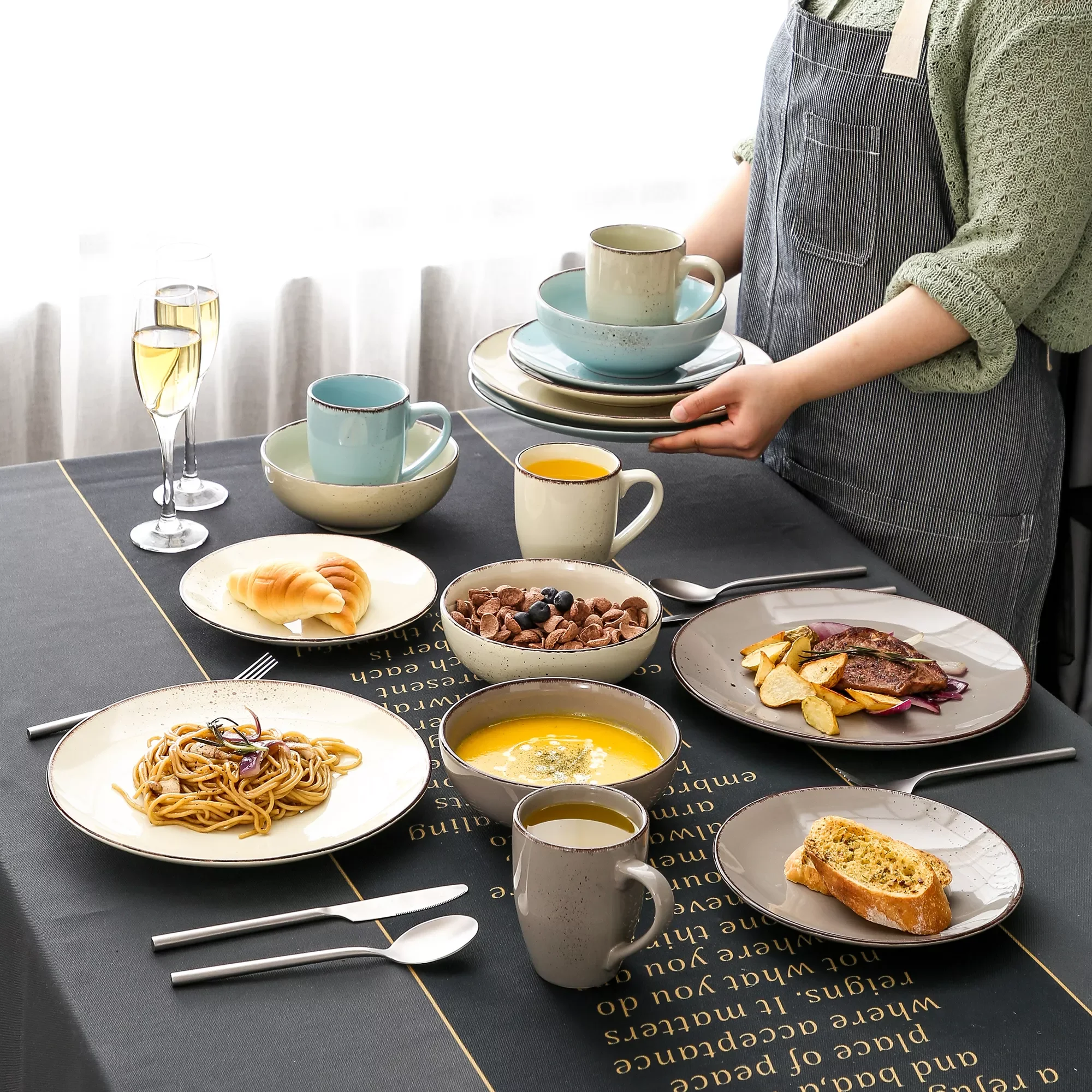

16/32/48-Piece Stoneware Ceramic Dinnerware Set with Dinner Plate,Dessert Plate,800ml Bowl, Mug Tableware Set