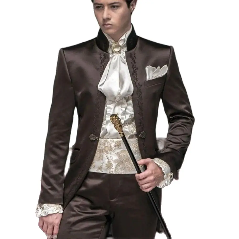 Костюм Мужской Атласный с вышивкой приталенный Блейзер воротником-стойкой для
