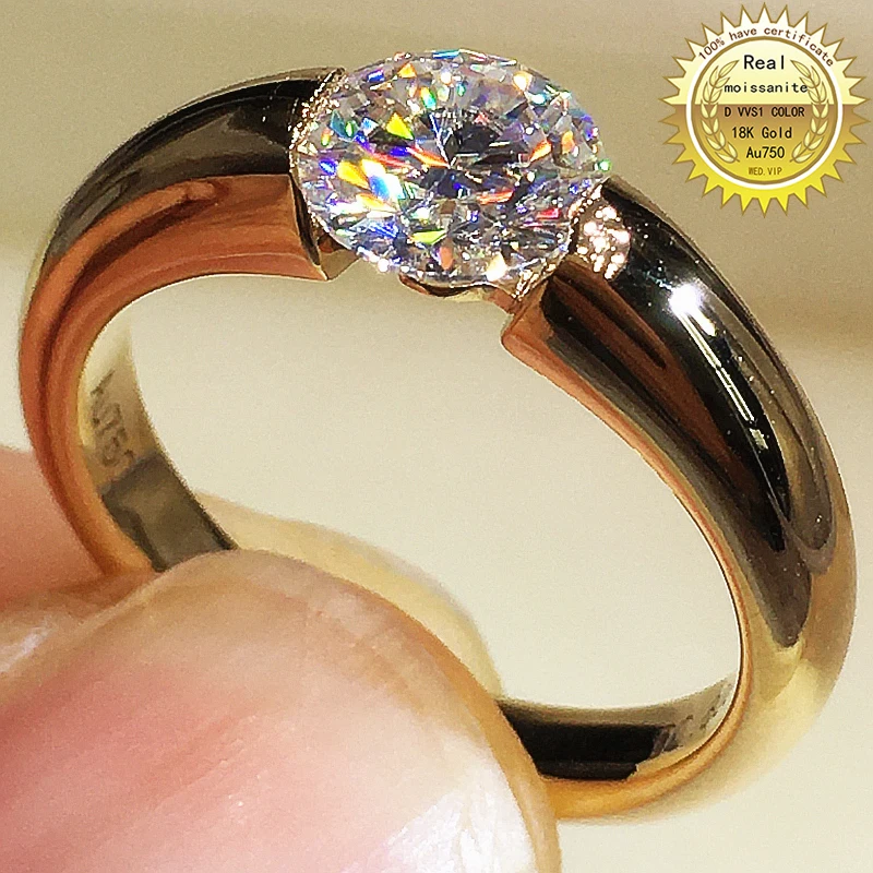 

Solid 9K Au375 Yellow Gold Men Ring DVVS Moissanite Diamonds 1Carat Round Wedding Party Engagement Anniversary Ring