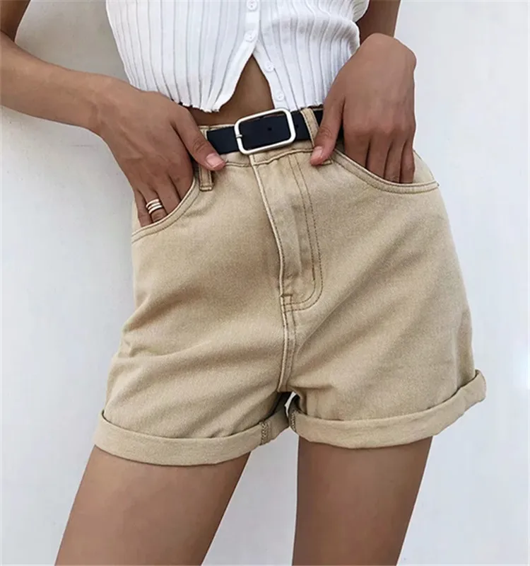 Women Vintage Sexy High Waist Khaki Denim Shorts Slim Fit Belt Shorts Summer Bottoms Fashion New Zipper Pockets All-Match Street