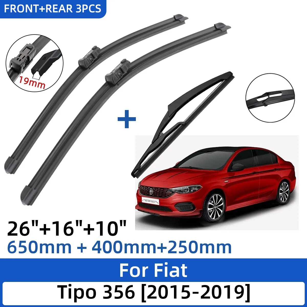 

3PCS For Fiat Tipo 356 2015-2019 26"+16"+10" Front Rear Wiper Blades Windshield Windscreen Window Cutter Accessories 2018 2019