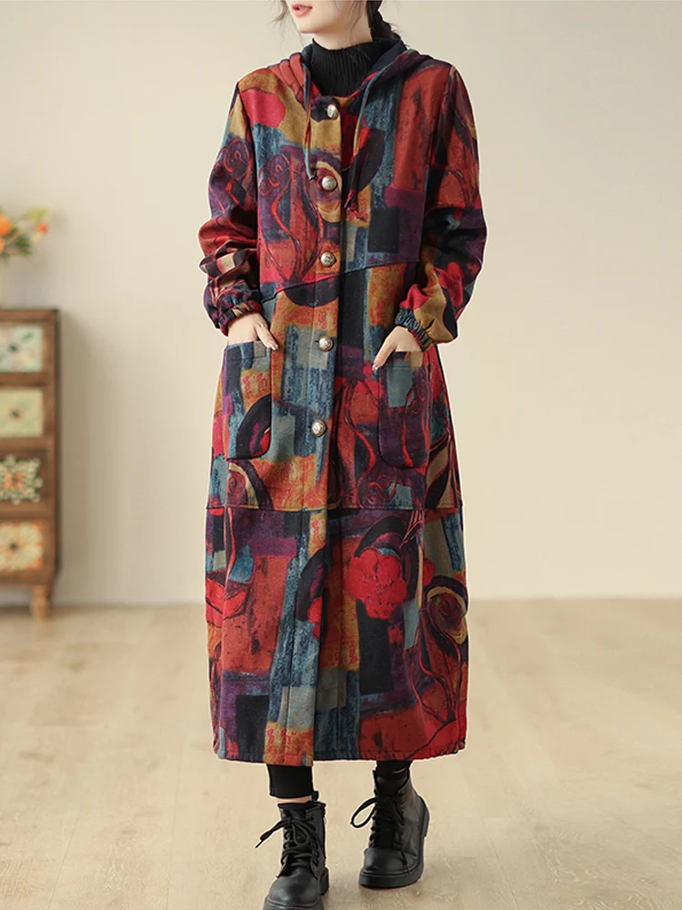 Женское длинное бархатное пальто с капюшоном