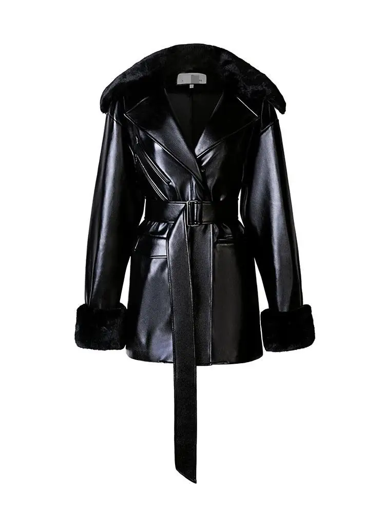 

YUERWANG Women Leather Coat Retro Fashion Black Motorcycle Large Fur Collar Lace Up Loose Long Leather Jacket Autumn Winter 2022