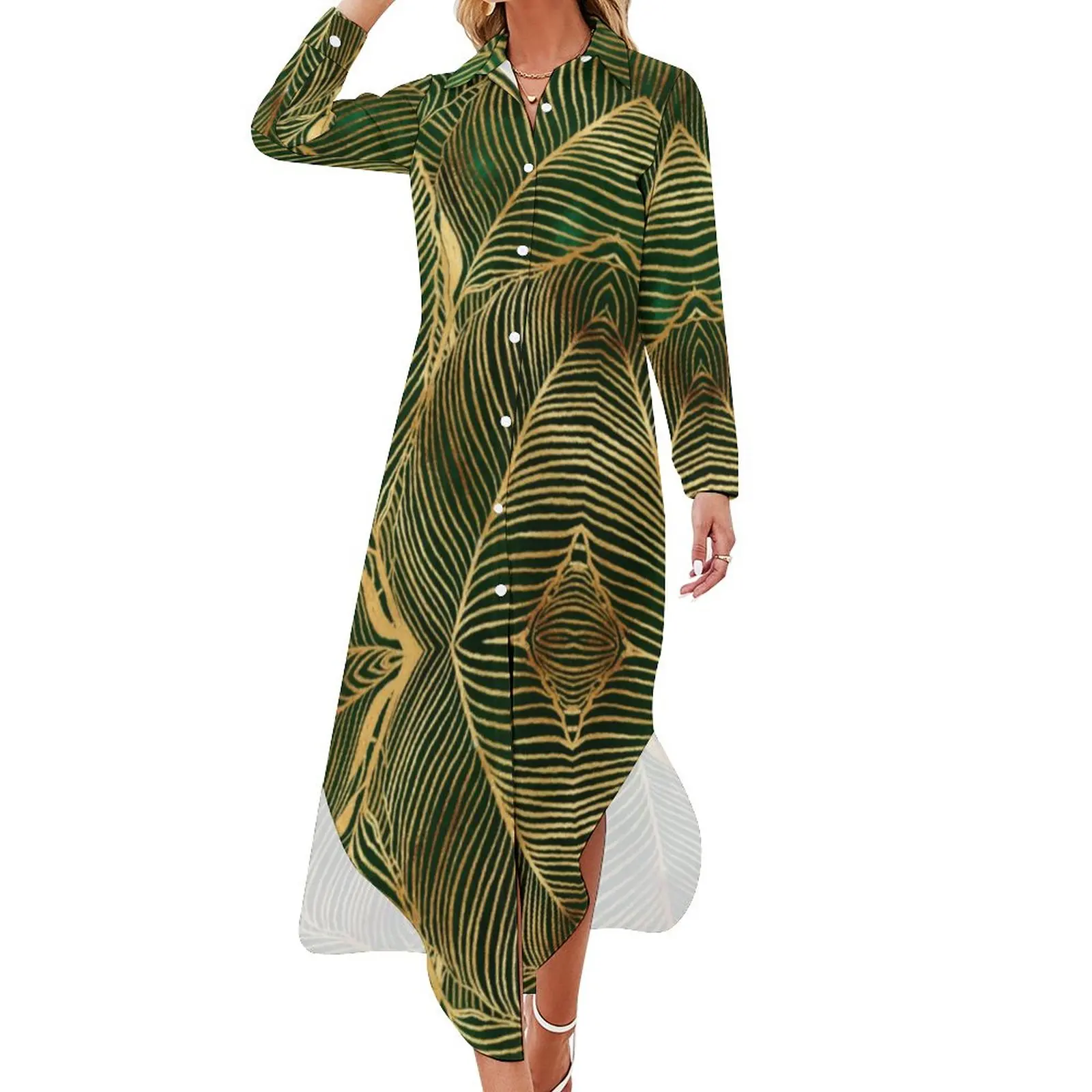 

Повседневное зеленое платье с золотыми листьями, элегантные платья в уличном стиле, пикантное современное шифоновое платье с V-образным выр...