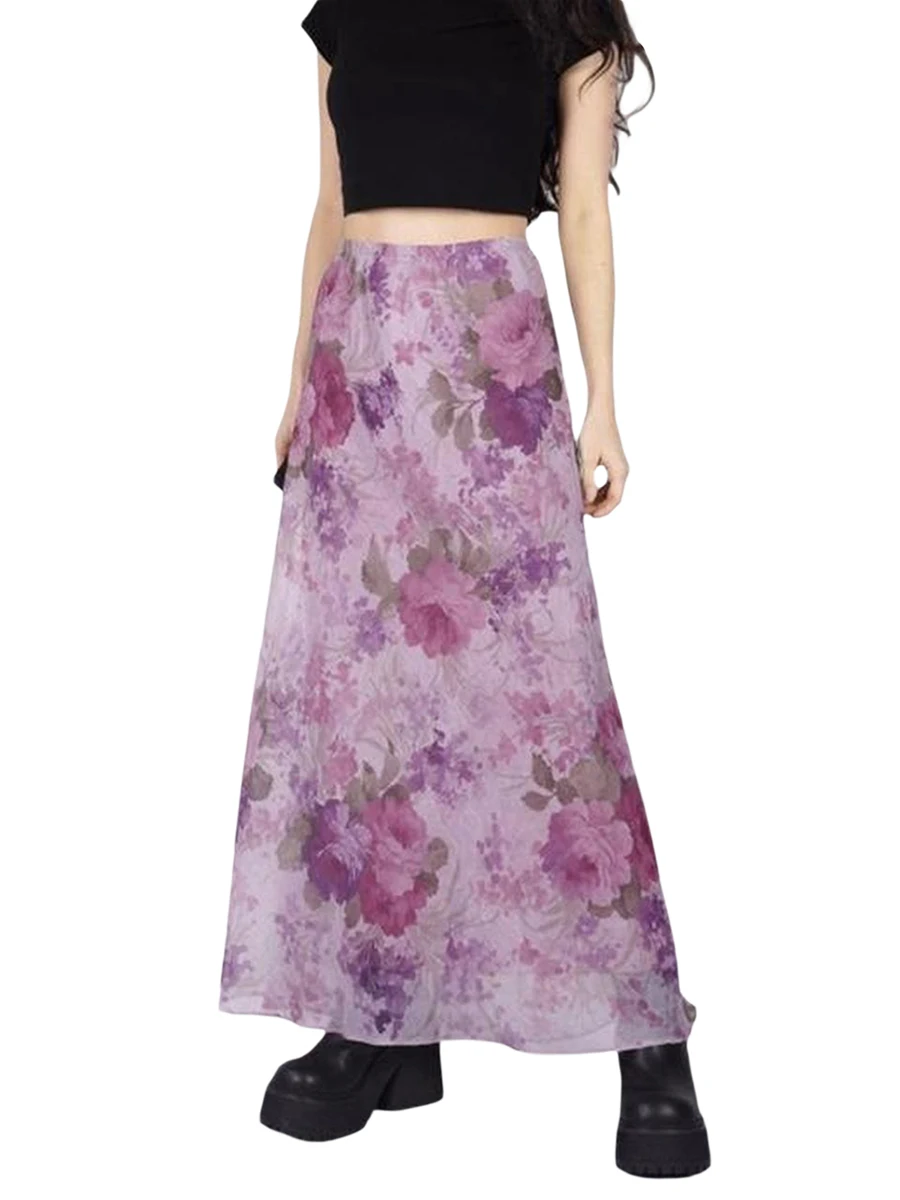 

Women Stylish Floral Print Skirt Boho Elastic High Waist Loose Hem Half