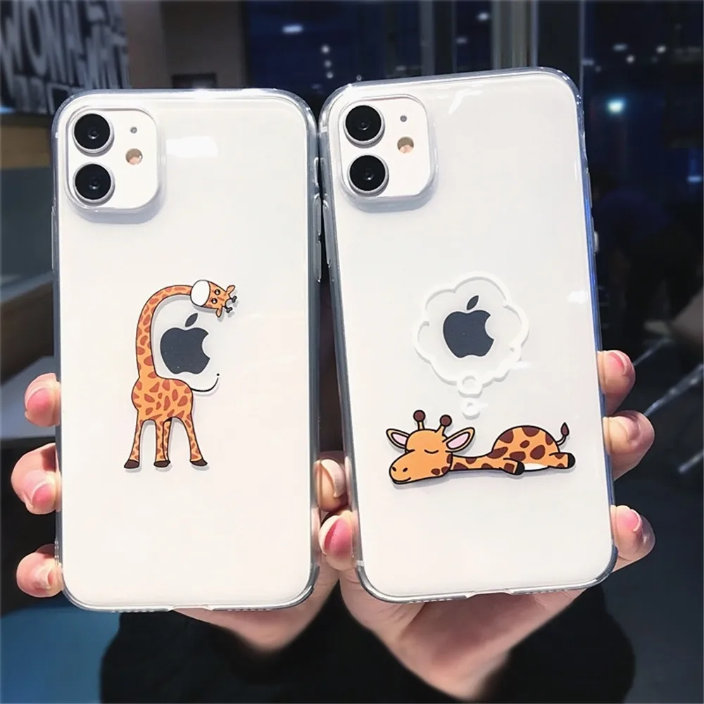 

Cute Cartoon Animal Giraffe Transparent Case For iPhone 13 Pro Max 12 Mini 11 X XS XR 7 8 Plus Couple Clear Soft TPU Cover