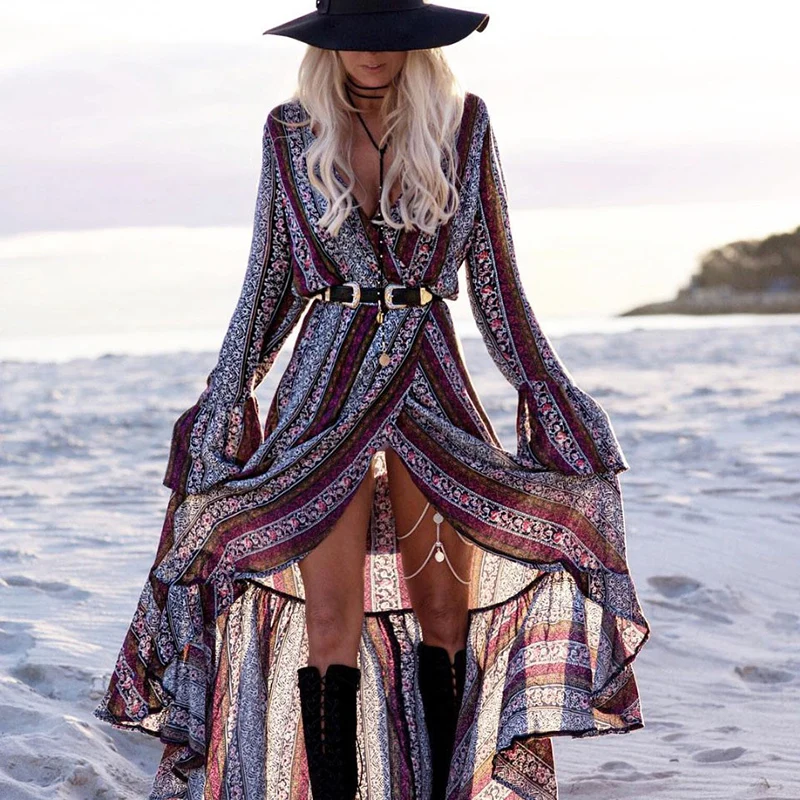 

2022 New Boho Print Beach Dress Long Sleeves Hippie Chic Long Long Holiday Dress 3XL Bandage Dress Plus Size Holiday Tank Top