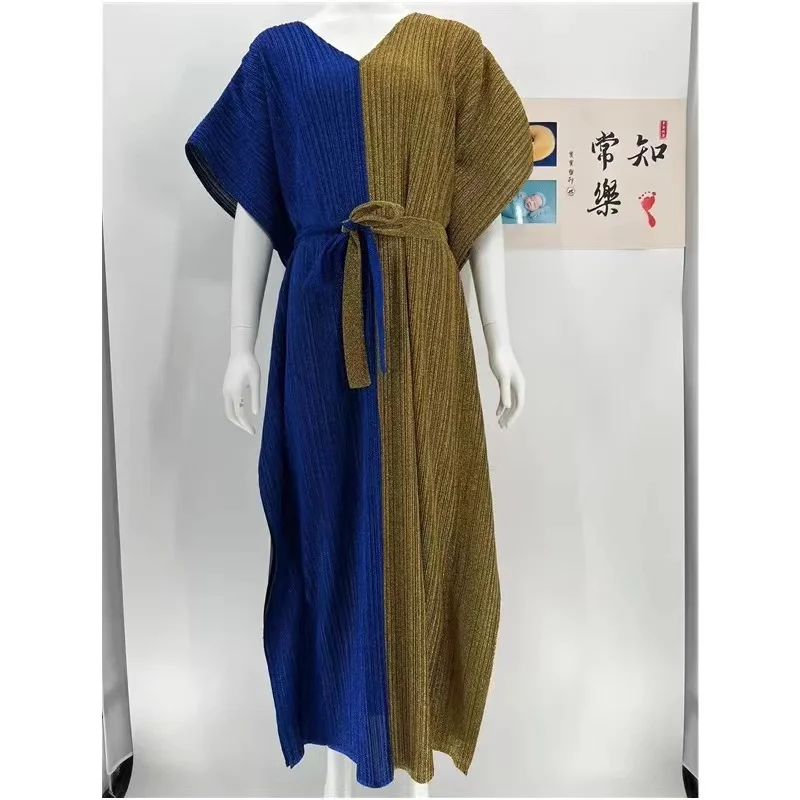 Плиссированная длинная юбка миаке Флуоресцентный цвет v-образный вырез рукава