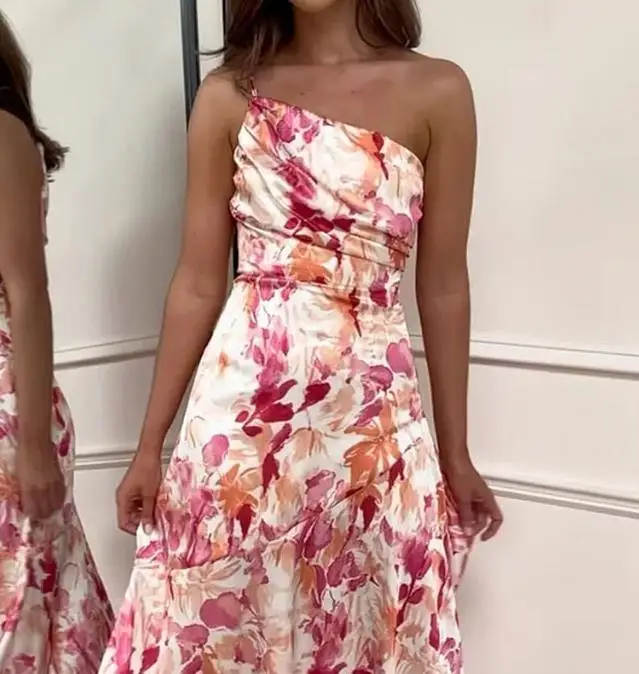 

Women's Dress 2023 Summer Fashion Street New One-Shoulder One-Shoulder Suspenders Floral Print Folds Casual Sexy Elegant Dress