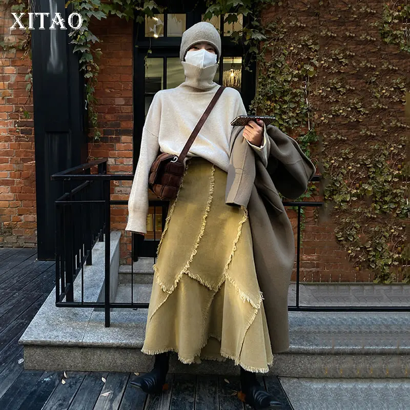 

XITAO Irregular Corduroy Skirt Fashion Splicing Solid Color Niche Fishtail A-line Skirt Spring New All-match Women GWJ3059