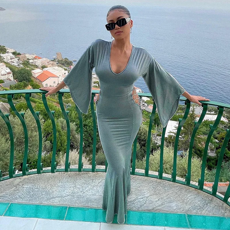 

Длинное облегающее платье Wepbel, однотонное облегающее платье-Русалка с длинным рукавом, облегающее женское платье-футляр